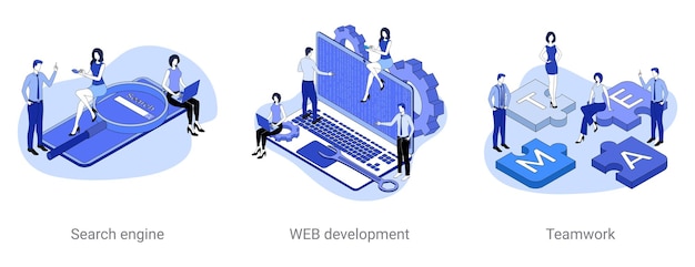 Search engine engineering web development teamwork a set of vector illustrations on a business theme