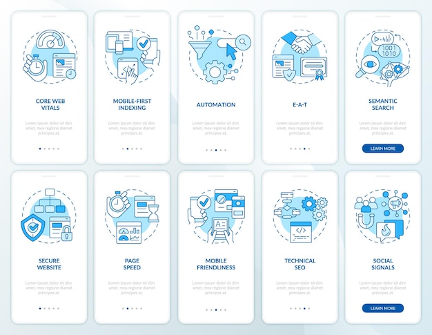 Search engine optimization blue onboarding mobile app screen set