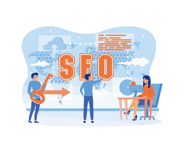 Search Engine Optimization concept Businessman and businesswoman in action around abbreviation SEO over digital world map flat vector modern illustration