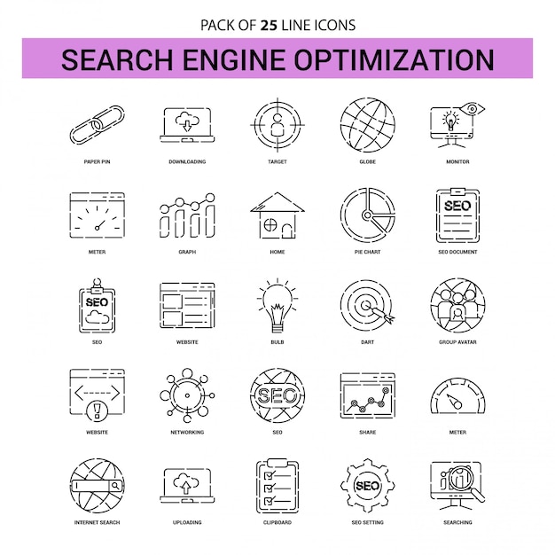 Search Engine Optimization Line Icon Set - 25 Dashed Outline Style