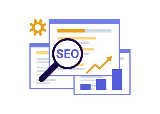 Search engine optimization seo optimization analytics and advertising search screen with magnifier