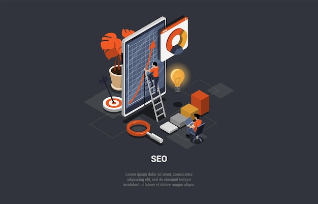 Search Engine Rank SEO-optimalisatie Webanalyse en socialemediamarketing SEO-marketing en -analyse Online ranking Resultaat Mensen werken in de buurt van enorme tablet Isometrische 3D-vectorillustratie