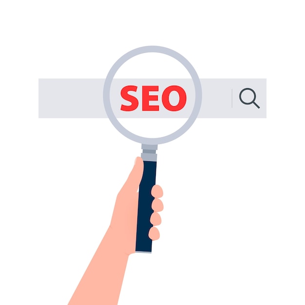 Posizionamento nei motori di ricerca testo seo sulla barra di ricerca lente di ingrandimento analisi web e seo marketing