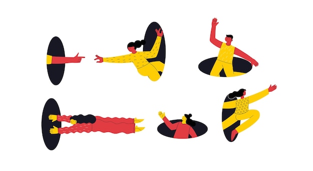 Вектор Поиск исследовать концепцию разные люди прилетают, прыгают, выглядывают из дыр счастливые восторженные забавные мужчины и женщины графическая векторная иллюстрация