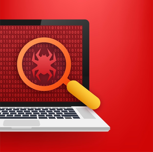 Vettore cerca trova bug e virus scansione della lente d'ingrandimento protezione antivirus illustrazione vettoriale