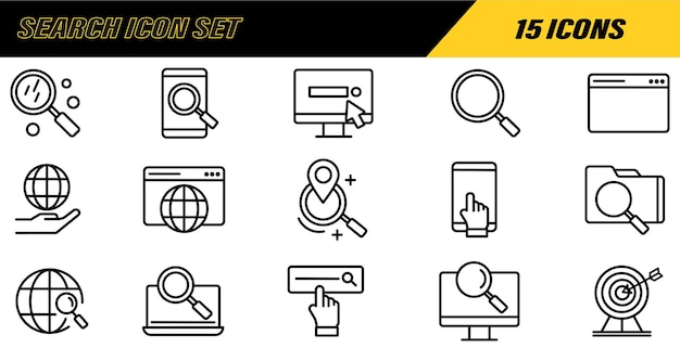 検索アイコン ベクトルラインアイコンセット 拡大図 SEO ズームインとズームアウト 情報を見つける 拡大図