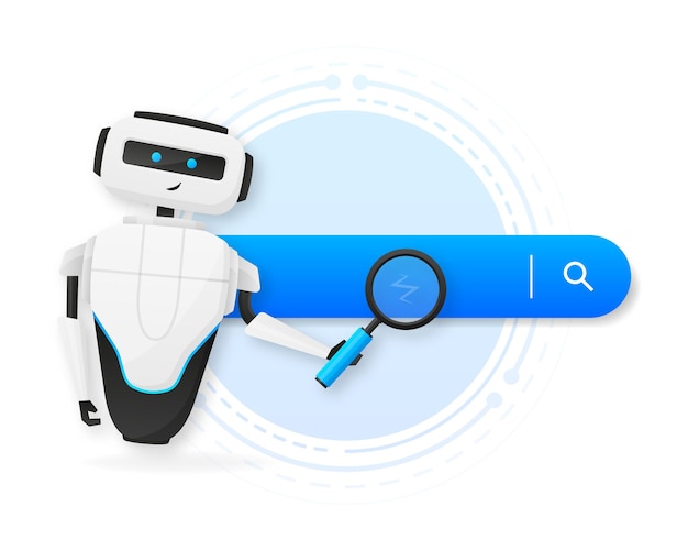 Search information online concept white robot looking through the magnifying glass vector illustration