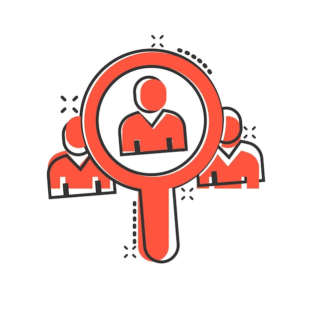 Vector search job vacancy icon in comic style loupe career cartoon vector illustration on white isolated background find people employer splash effect business concept