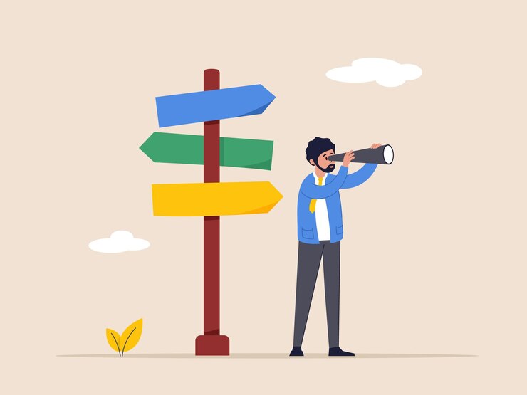 Vector search for right direction concept smart businessman look through spyglass or to discover solution