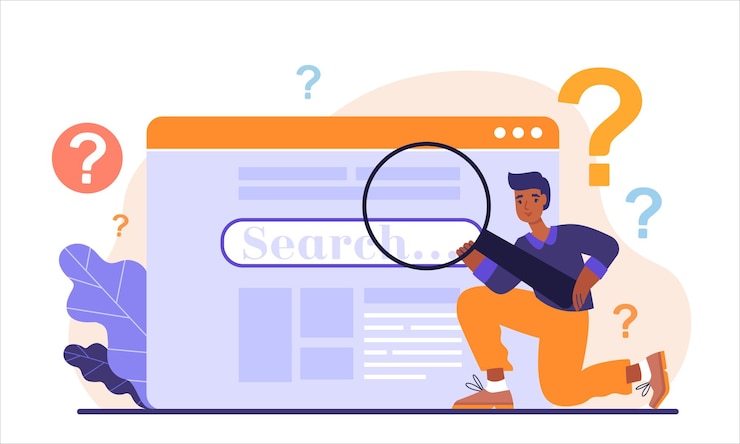 Vector searching browsing internet man with magnifying glass in his hands searches in search engines