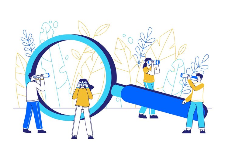 Vector searching characters people looking smth with huge magnifying glass vector concept illustration