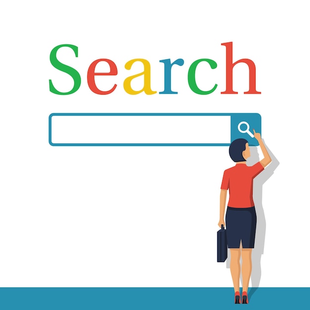 검색 개념 현대 기술 인터넷 검색 사업가는 응용 프로그램 검색 창을 사용합니다.