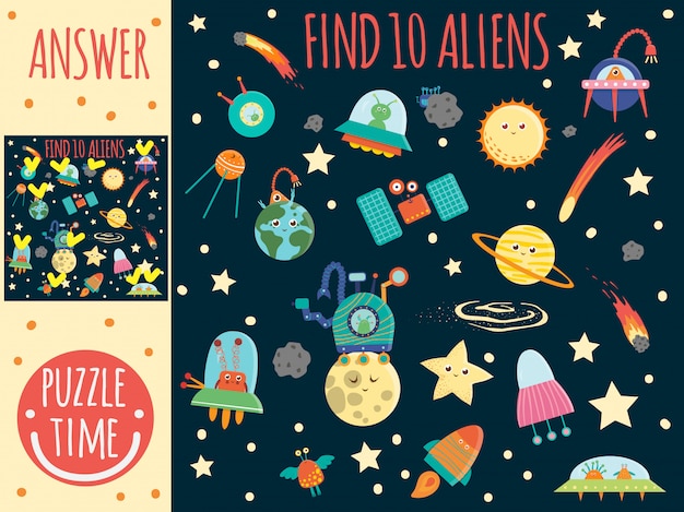 Searching game for children with planets, aliens and ufo. space topic. cute funny smiling characters. find hidden aliens.