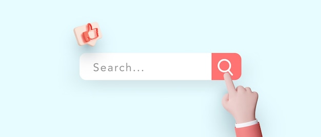 Searching information in internet concept in realistic style with search bar hand and social icon Vector illustration