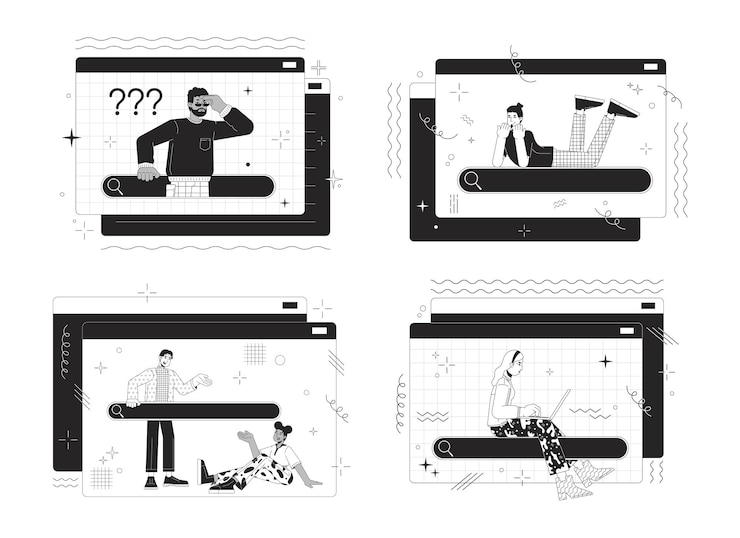 Vector searching information online 2d linear illustration concept set