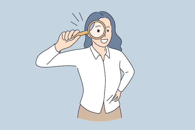 Vector searching investigation and research concept. young smiling woman cartoon character standing holding magnifier glass over eyes feeling curious vector illustration