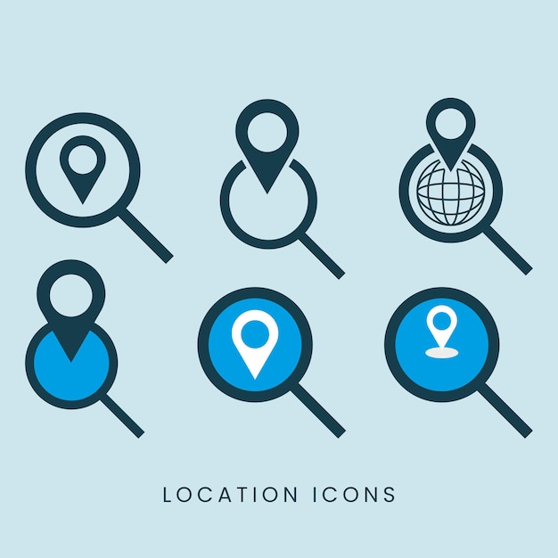 Searching location icon set on blue background - location search icons