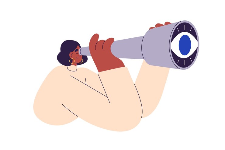 Vector searching looking with spyglass exploring finding future opportunities goal target strategy hr watching for employees job work flat vector illustration isolated on white background