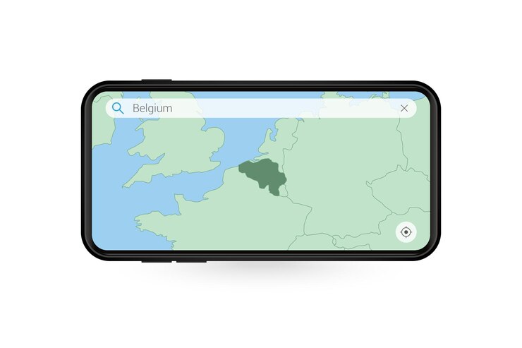 Vector searching map of belgium in smartphone map application. map of belgium in cell phone.