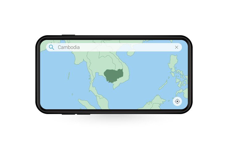 Vector searching map of cambodia in smartphone map application. map of cambodia in cell phone.