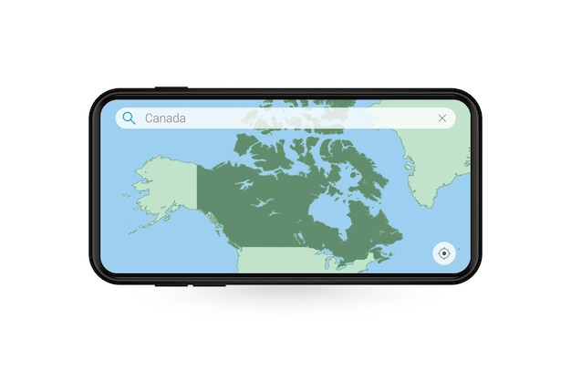 Ricerca mappa del canada nell'applicazione mappa per smartphone. mappa del canada nel telefono cellulare.