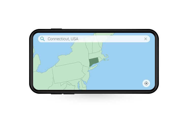 Vector searching map of connecticut in smartphone map application map of connecticut in cell phone