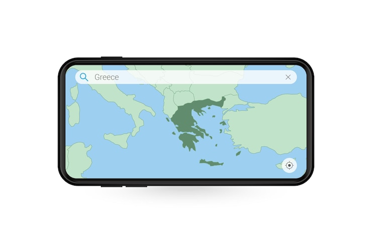 Vector searching map of greece in smartphone map application. map of greece in cell phone.
