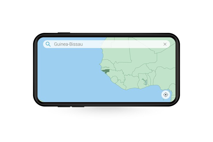 Vector searching map of guinea-bissau in smartphone map application. map of guinea-bissau in cell phone.