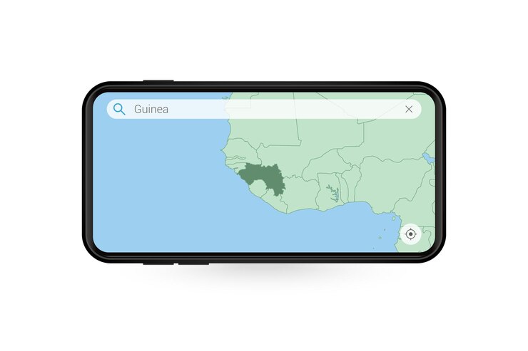 Vector searching map of guinea in smartphone map application. map of guinea in cell phone.
