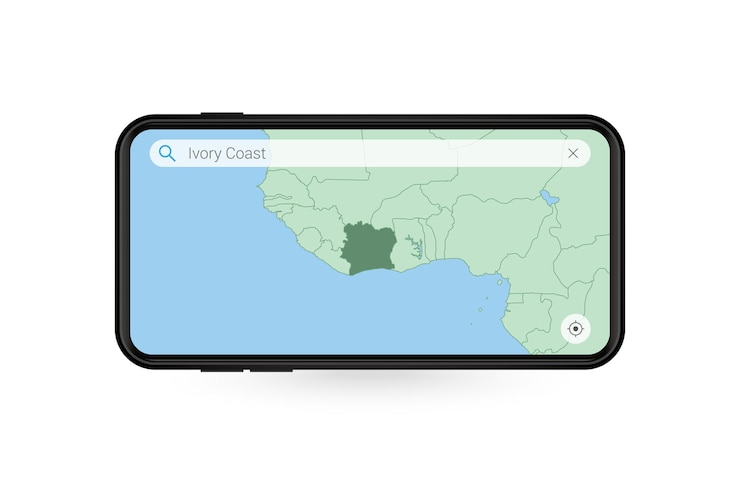 Vector searching map of ivory coast in smartphone map application. map of ivory coast in cell phone.