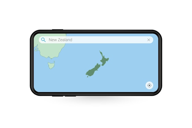 Searching map of New Zealand in Smartphone map application. Map of New Zealand in Cell Phone.