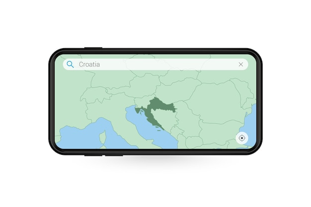 スマートフォンの地図アプリケーションでクロアチアの地図を検索しています。携帯電話でのクロアチアの地図。