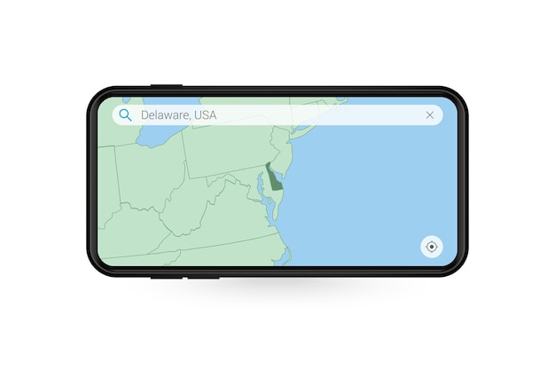 스마트폰 지도 애플리케이션에서 델라웨어 지도 검색. 휴대 전화에서 델라웨어의 지도입니다.