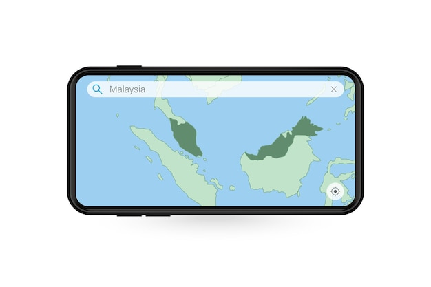 スマートフォンの地図アプリケーションでマレーシアの地図を検索しています。携帯電話でのマレーシアの地図。