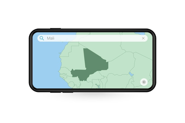 スマートフォンマップアプリケーションでマリの地図を検索しています。携帯電話のマリの地図。