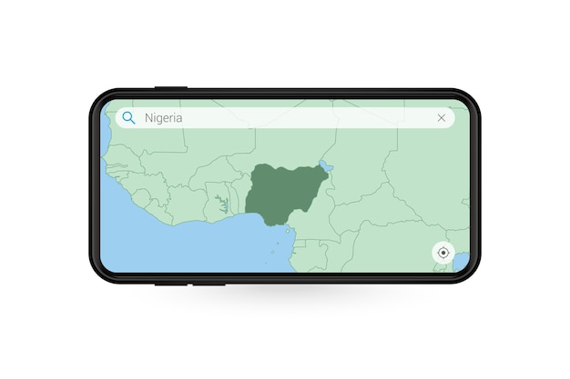 スマートフォンの地図アプリケーションでナイジェリアの地図を検索しています。携帯電話でのナイジェリアの地図。