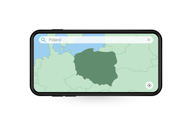 スマートフォンの地図アプリケーションでポーランドの地図を検索しています。携帯電話でのポーランドの地図。