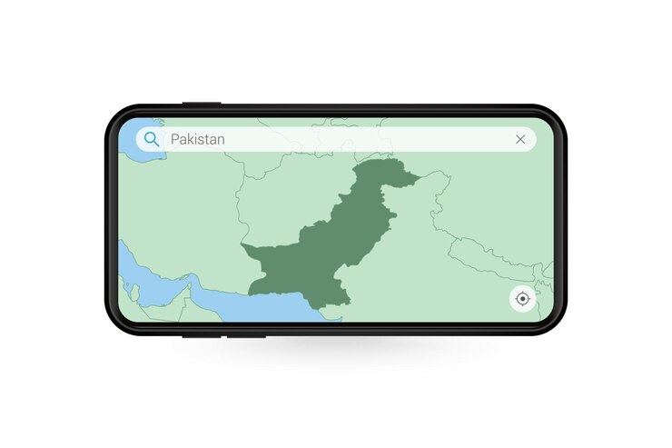 Vector searching map of pakistan in smartphone map application. map of pakistan in cell phone.