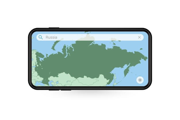 Searching map of Russia in Smartphone map application. Map of Russia in Cell Phone.