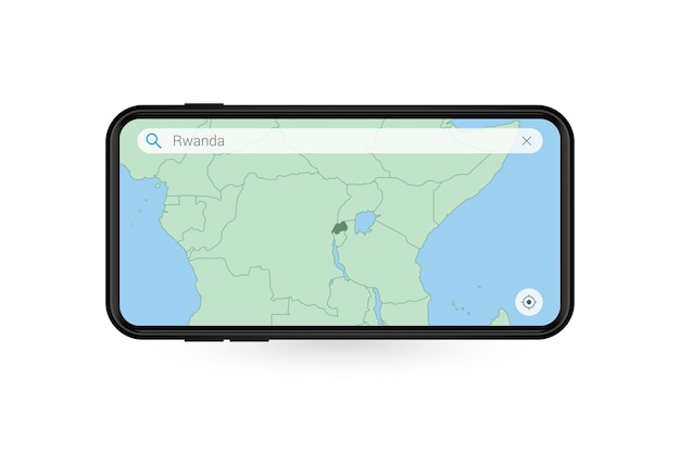 スマートフォンマップアプリケーションでルワンダの地図を検索しています。携帯電話のルワンダの地図。