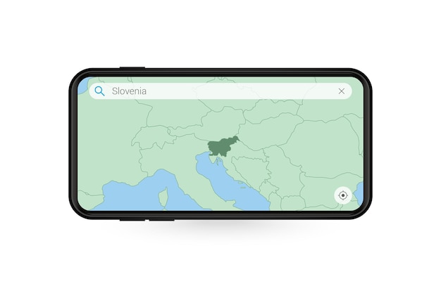 Searching map of Slovenia in Smartphone map application. Map of Slovenia in Cell Phone.