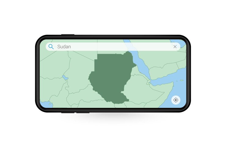 Vector searching map of sudan in smartphone map application. map of sudan in cell phone.