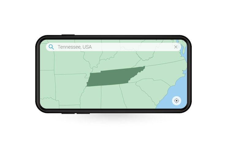 Vector searching map of tennessee in smartphone map application. map of tennessee in cell phone.