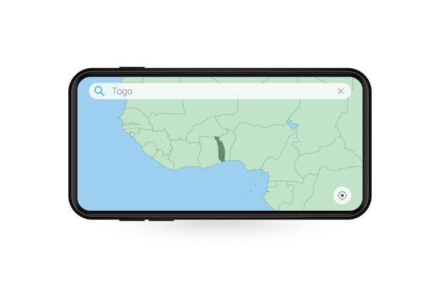 Searching map of togo in smartphone map application. map of togo in cell phone.