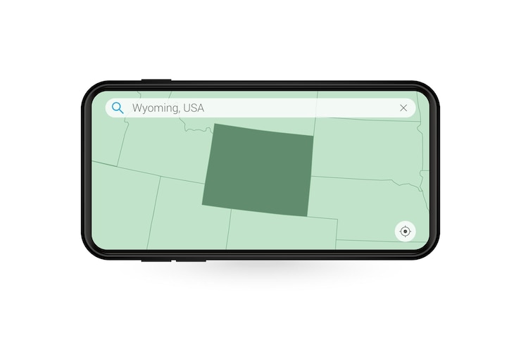 Vector searching map of wyoming in smartphone map application. map of wyoming in cell phone.