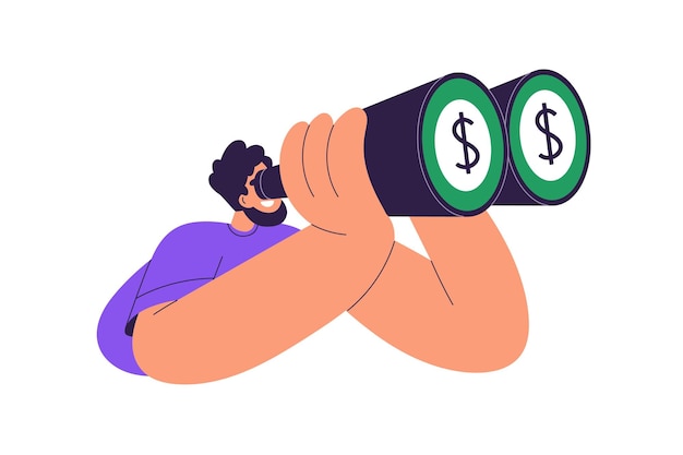 Vector searching money finance opportunities financial goal man looking through binoculars seeing investment income earnings growth success flat vector illustration isolated on white background