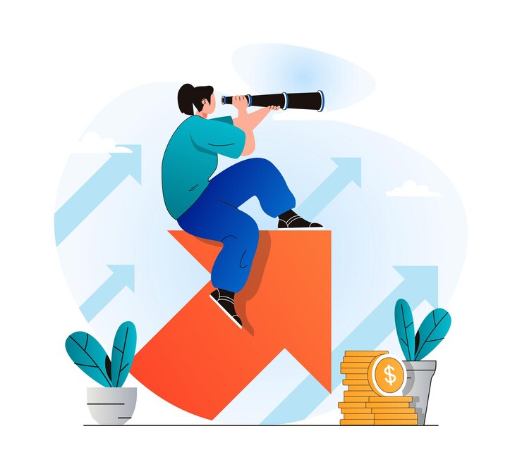 Vector searching opportunity concept in modern flat design woman looks through spyglass and looks