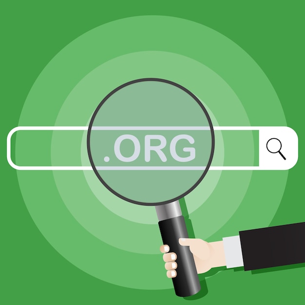 searching system picture of a hand holding a magnifying glass on the search engine org vector illustration