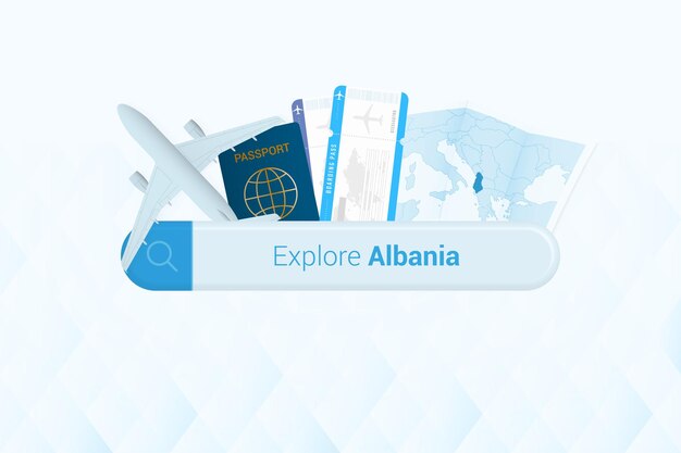 Searching tickets to Albania or travel destination in Albania Searching bar with airplane passport boarding pass tickets and map