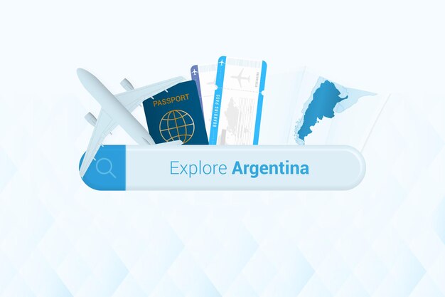 Searching tickets to Argentina or travel destination in Argentina Searching bar with airplane passport boarding pass tickets and map